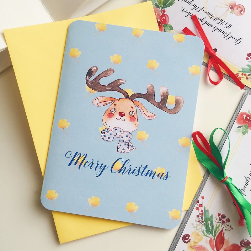 水彩麋鹿圣诞卡 (WTC-002) - 卡片/明信片 - 纸 蓝色