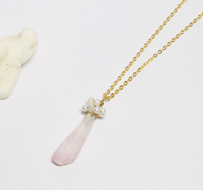 珍珠光环-白水晶镀彩粉色原石黄铜项链 原石手创 个性 极简  - 项链 - 宝石 粉红色