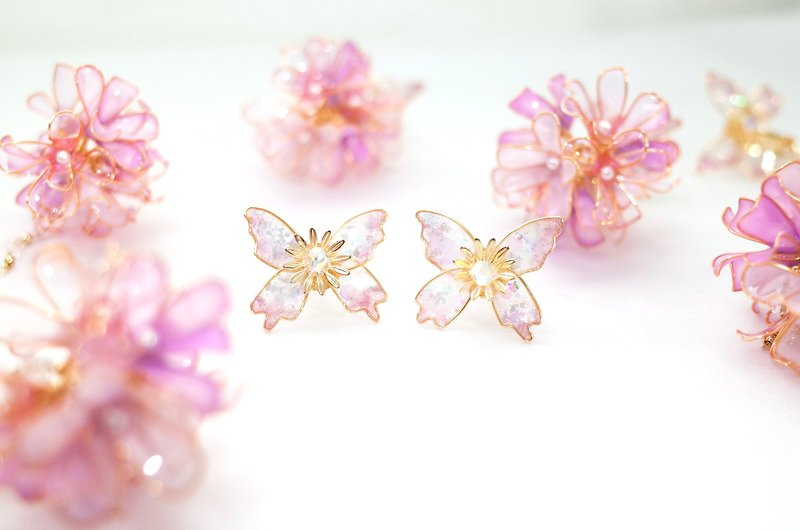 蝶与花园手工树脂耳环梦幻华丽 - 耳环/耳夹 - 树脂 粉红色