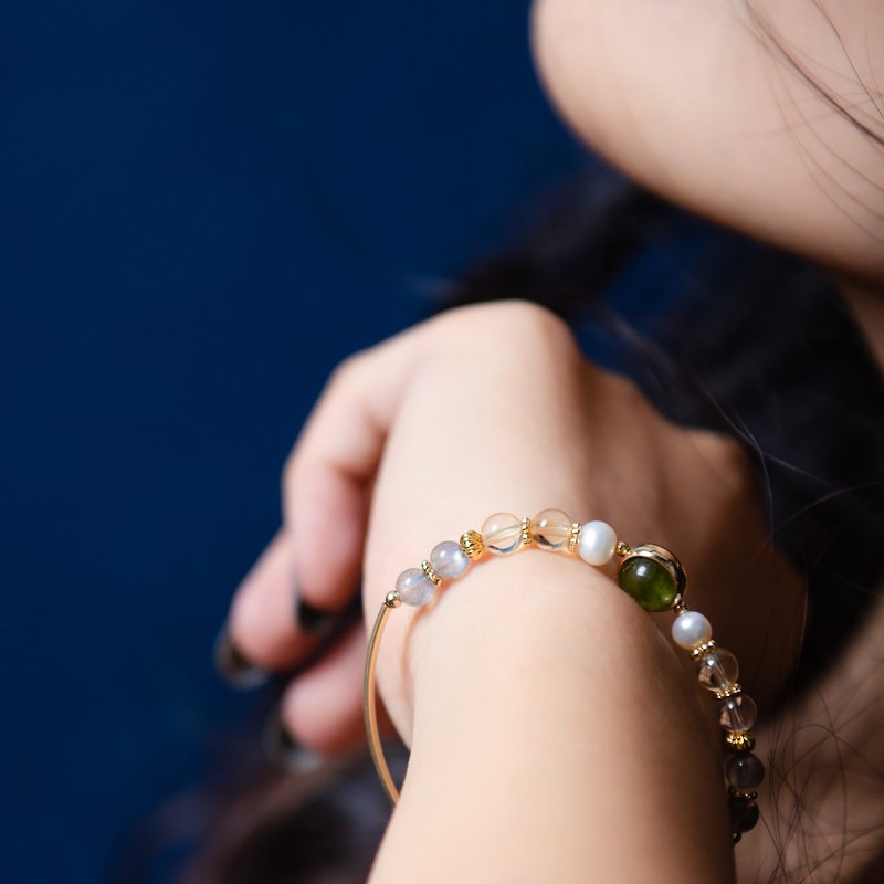 橄榄石珍珠手链 | 14K包金黄水晶拉长石 | 14KGF天然水晶定制手环 - 手链/手环 - 半宝石 绿色