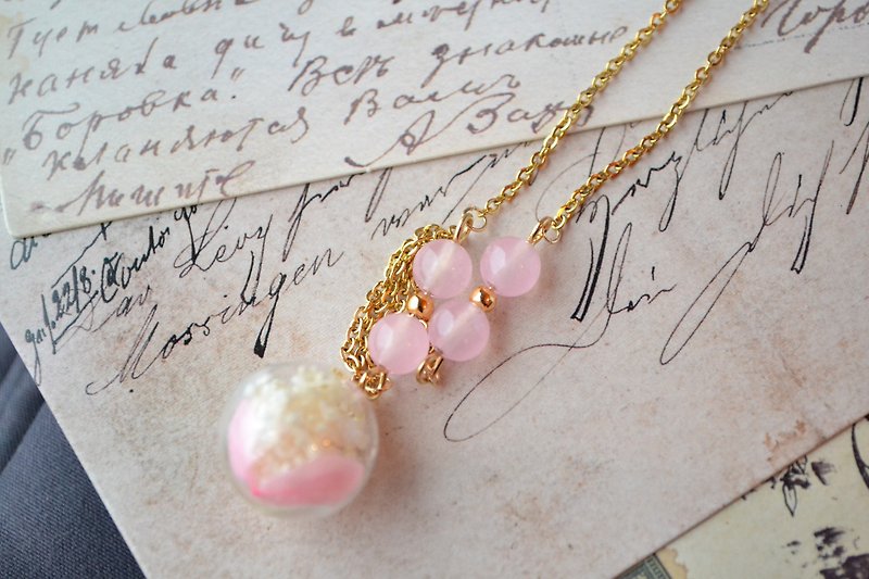 轻珠宝。粉水晶/粉红绣球花 玻璃球 项链 - 项链 - 玻璃 粉红色
