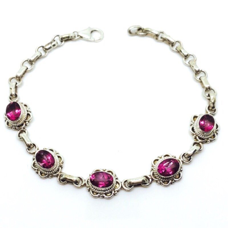 粉托帕石925纯银小花手链 尼泊尔手工镶嵌制作 - 手链/手环 - 宝石 粉红色