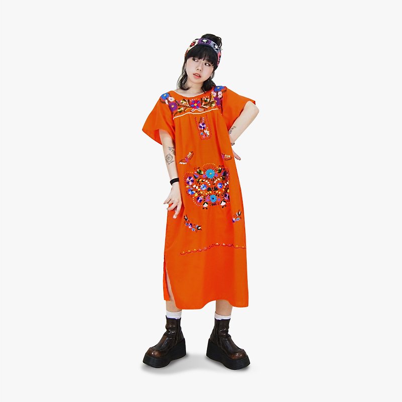 A·PRANK :DOLLY :: 复古着VINTAGE墨西哥手工刺绣洋装( 胡萝卜橘色款 ) - 洋装/连衣裙 - 棉．麻 