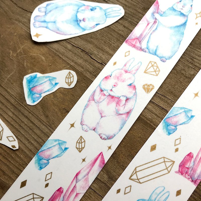 水晶宝石之兔兔 粉嫩色系 粉红色与粉蓝色 金墨纸胶带 - 纸胶带 - 纸 粉红色
