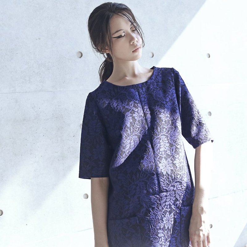 【订制】蕾丝中袖洋装 连身裙 - 洋装/连衣裙 - 聚酯纤维 蓝色