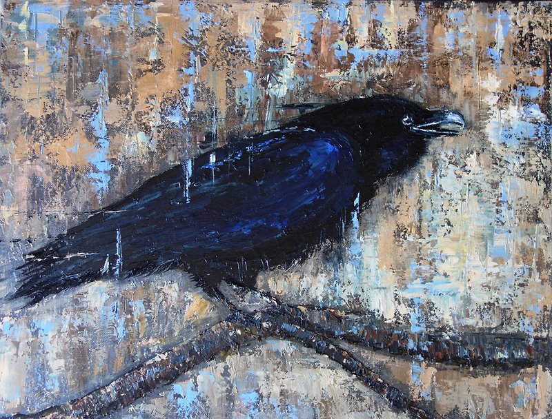 Crow Painting Oil Black Bird Original Art Animal Artwork Raven Canvas Art - 海报/装饰画/版画 - 颜料 灰色
