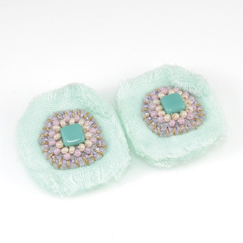 耳環 gauze and beads earrings, flower earrings,statement earrings mint blue 7 - 耳环/耳夹 - 棉．麻 蓝色