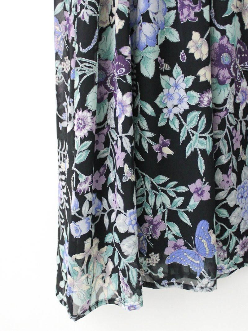 【RE0322D1010】日本制复古紫绿花朵藤蔓黑色短袖春夏古着洋装 - 洋装/连衣裙 - 聚酯纤维 黑色