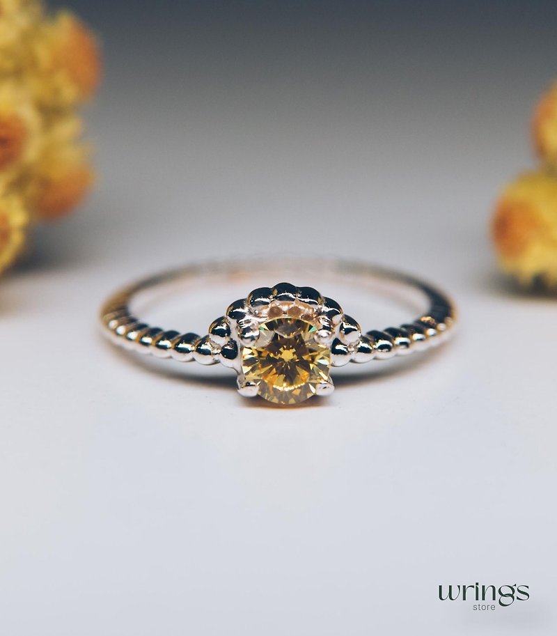 圆形黄水晶珠饰银制女士订婚戒指 - 戒指 - 纯银 黄色