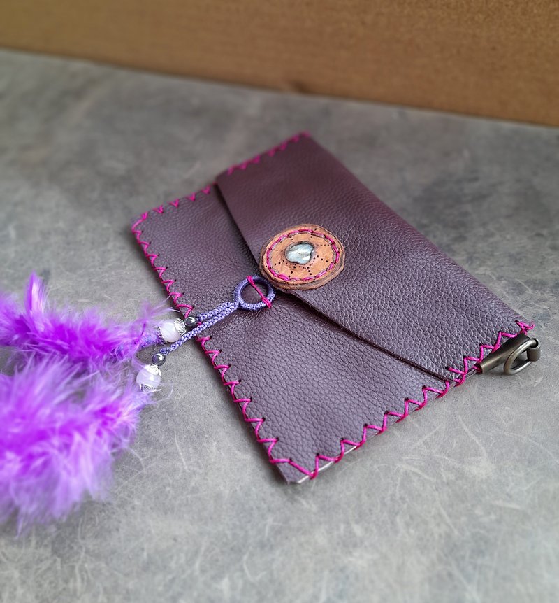 拉长石紫色皮革皮夹，超薄 EDC 皮夹，水晶皮革手提包 - 皮夹/钱包 - 真皮 紫色