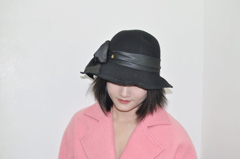 Flat 135 X Rumie 台湾设计师 丝质缎带 可卷折 针织帽 圆帽遮阳 - 帽子 - 羊毛 黑色