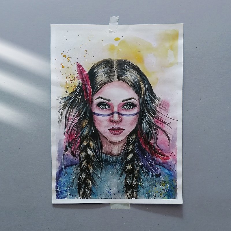 Portrait beautiful girl with braids and feathers in her hair. watercolor paper