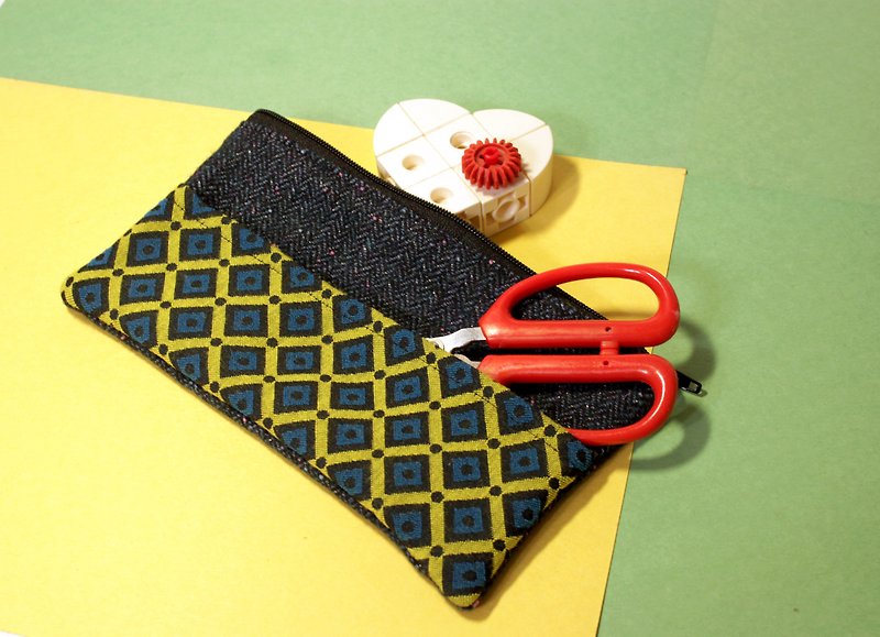 黄菱形拼接万用袋 笔袋 工具袋 - 化妆包/杂物包 - 棉．麻 绿色