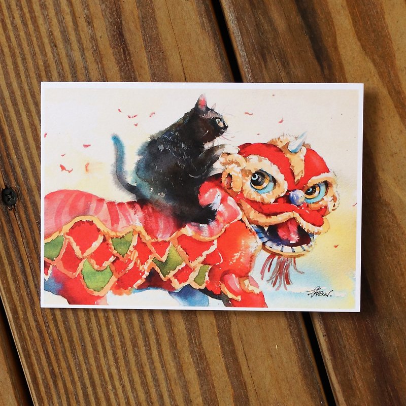 水彩绘毛孩系列明信片 - 小猫舞大狮 - 卡片/明信片 - 纸 红色