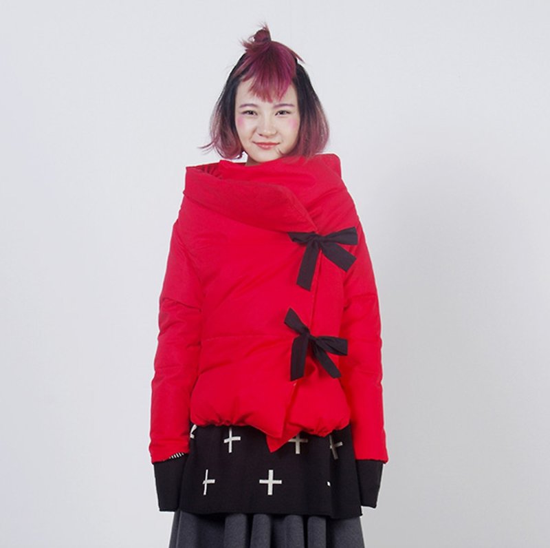 双蝴蝶结羽绒外套  黑红两色可选 - imakokoni  圣诞礼物 圣诞节 - 女装休闲/机能外套 - 棉．麻 红色