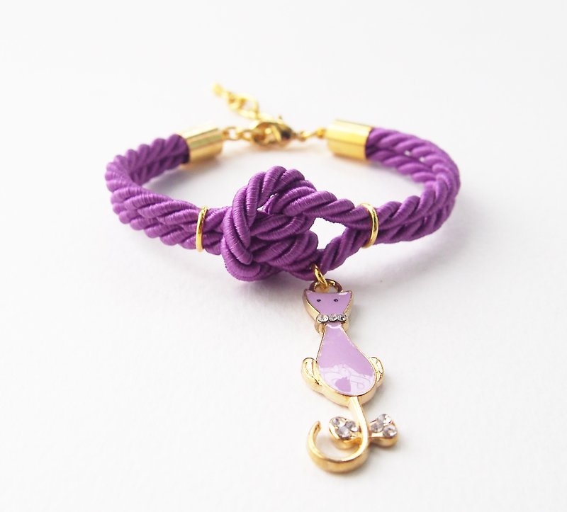 Purple knot rope bracelet + kitten charm - 手链/手环 - 其他材质 紫色