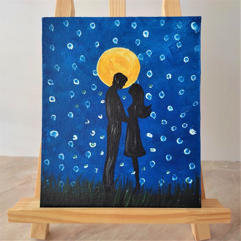 Couple in love original painting / Moon painting wall decor / Love painting - 墙贴/壁贴 - 压克力 多色