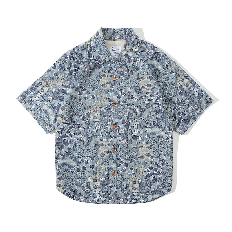 Incense Harbour 日本布料半袖仿拼布鱼图案花衬衫 恤衫 - 蓝色 - 男装衬衫 - 棉．麻 蓝色