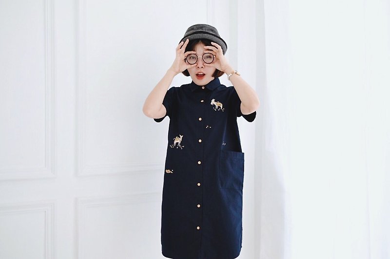 Shirt Dress (DONKEYS) - Navy - 洋装/连衣裙 - 绣线 蓝色
