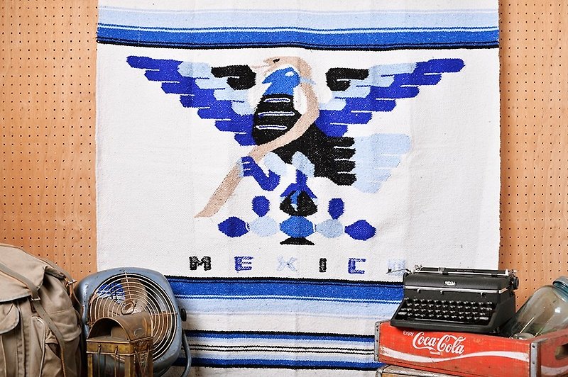 Vintage 墨西哥手工编织毯-蓝白渐层图腾 - 被子/毛毯 - 棉．麻 蓝色