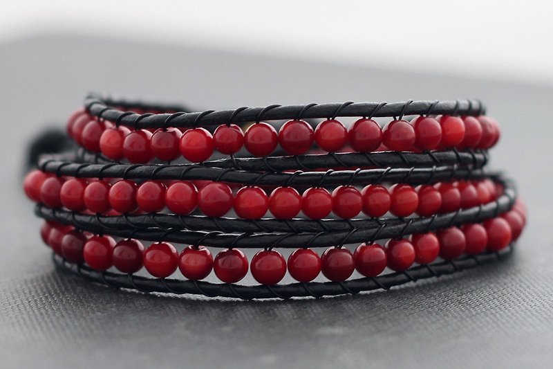 皮革手镯串珠珊瑚手镯波西米亚风编织石时髦 - 手链/手环 - 真皮 红色
