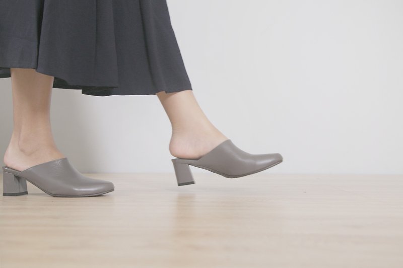 Mules Heels (极致灰) Gray 中高跟穆勒 | WL - 女款皮鞋 - 真皮 灰色