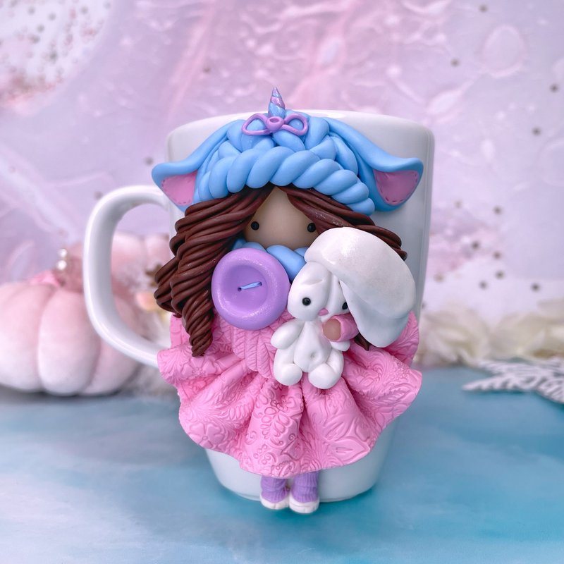 Mug - girl with a bunny. Gift to your beloved friend. Girl in pink. - 杯子 - 粘土 粉红色