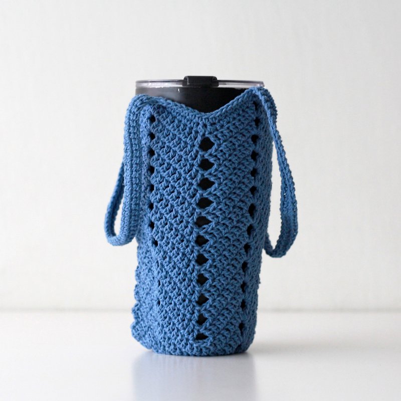 浅蓝色-环保杯袋 饮料袋 水壶袋 手工编织 - 随行杯提袋/水壶袋 - 棉．麻 蓝色