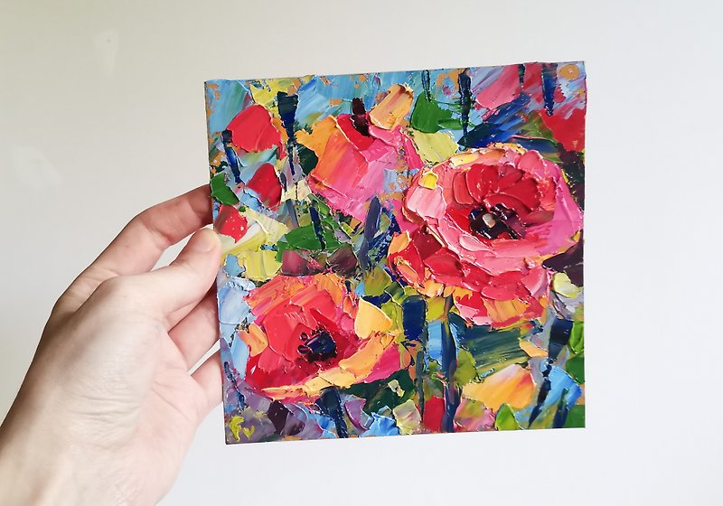 Poppy Painting Original Art Small Impasto Oil Painting Flower Verafe - 海报/装饰画/版画 - 其他金属 红色