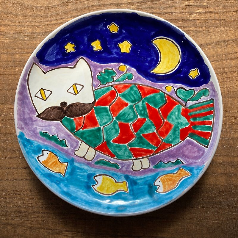 絵皿20cm マヨリカ焼き イタリア陶器 さかなねこ - 盘子/餐盘/盘架 - 陶 蓝色