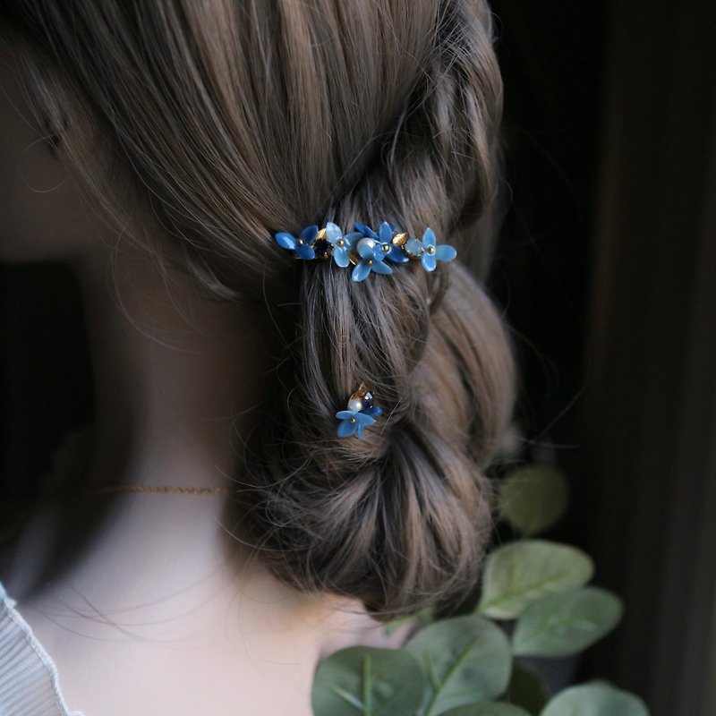 发饰发夹a57渐层蓝色 新娘秘书 纯手工造花 水钻石棉珍珠海军蓝色 - 发饰 - 树脂 蓝色