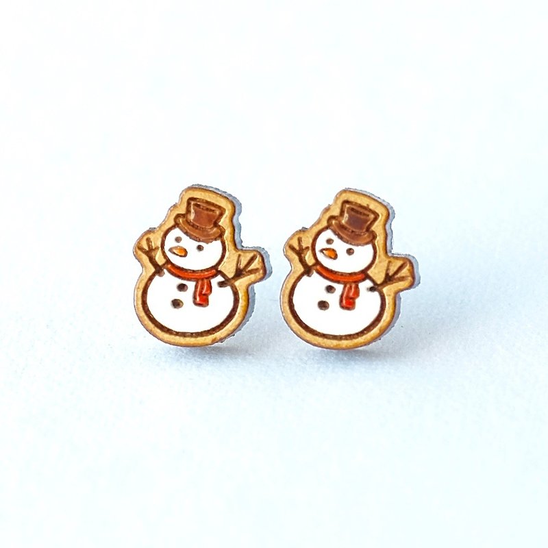 【圣诞限定】彩绘木耳环-雪人 - 耳环/耳夹 - 木头 白色