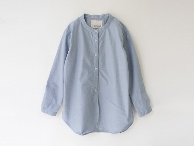 <インディゴ先染めチェック>バンドカラーインディゴシャツ 8612-01002-34 - 女装衬衫 - 棉．麻 蓝色