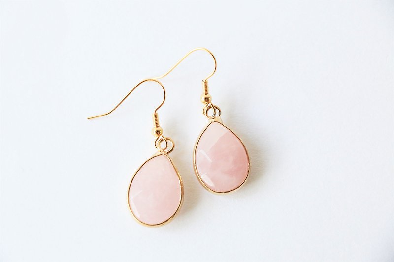 粉晶水滴耳环 天然石手工耳环 天然石镀金耳环  - 耳环/耳夹 - 宝石 粉红色