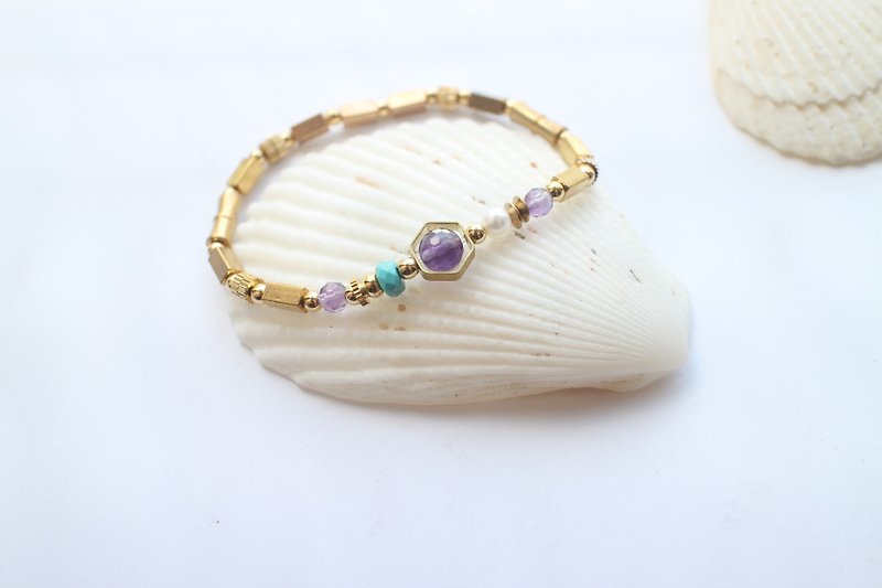 浪漫-紫水晶 绿松石 珍珠 黄铜手环 - 手链/手环 - 其他金属 