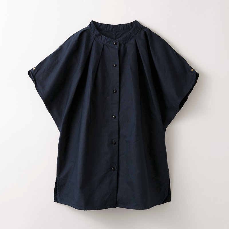 スタンドカラータックシャツ -ゴボウ- - 女装上衣 - 棉．麻 蓝色