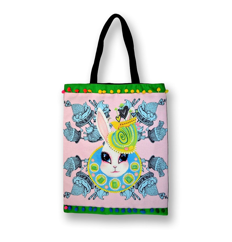 GOOKASO 双面购物袋 TOTE BAG 粉红 兔子皇后 棉麻印花图案 背面日本和服织锦绸缎 缀彩色小球花边 - 侧背包/斜挎包 - 棉．麻 粉红色