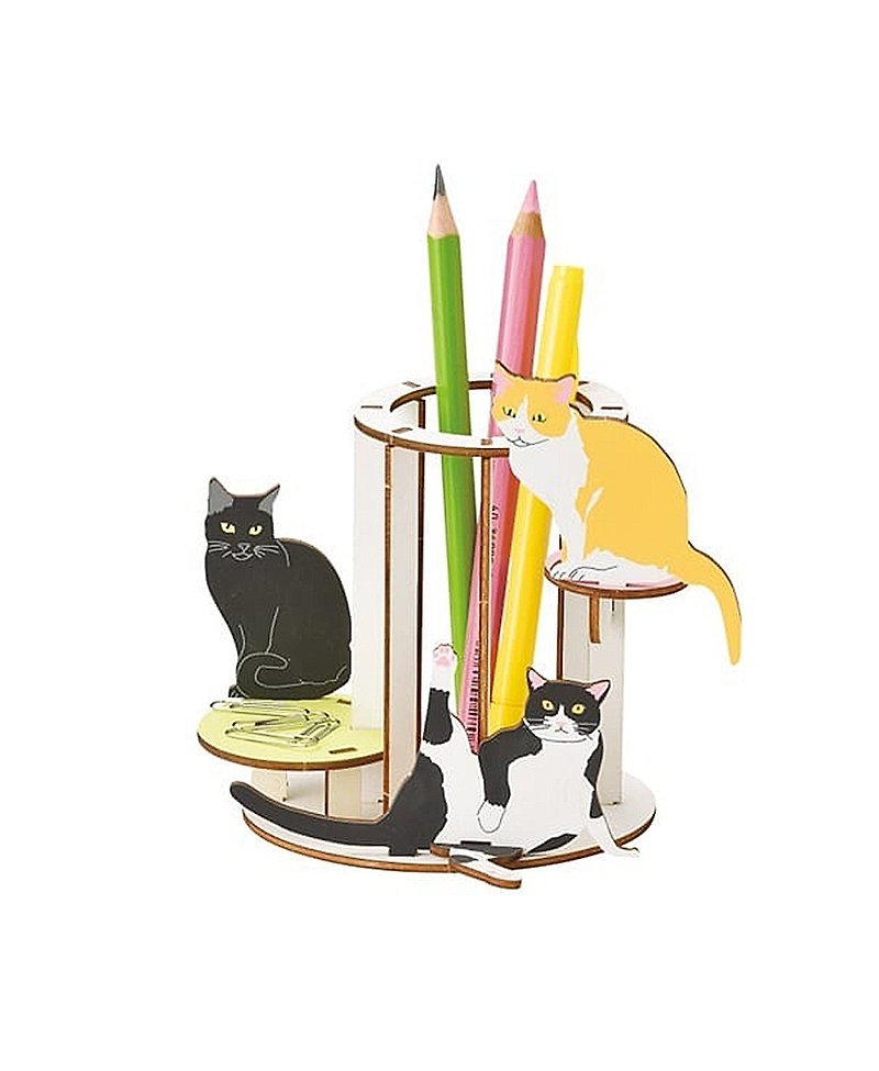 日本Magnets可爱动物系列 木制猫咪造型组装笔筒/笔座 - 笔筒/笔座 - 木头 橘色