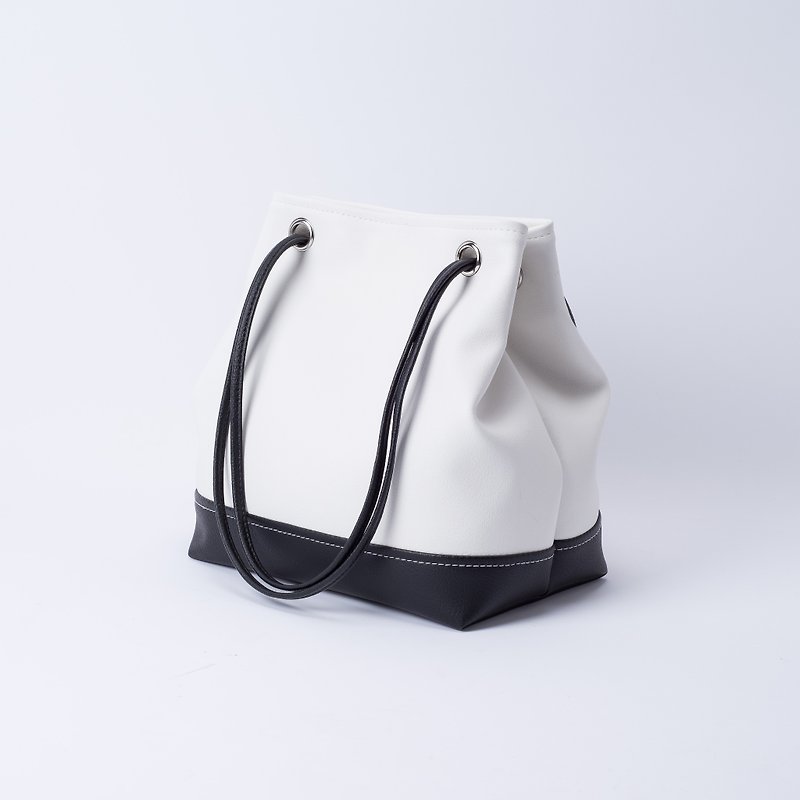 好质感拼色水桶包 手提侧背两用 白x黑 - 侧背包/斜挎包 - 人造皮革 黑色