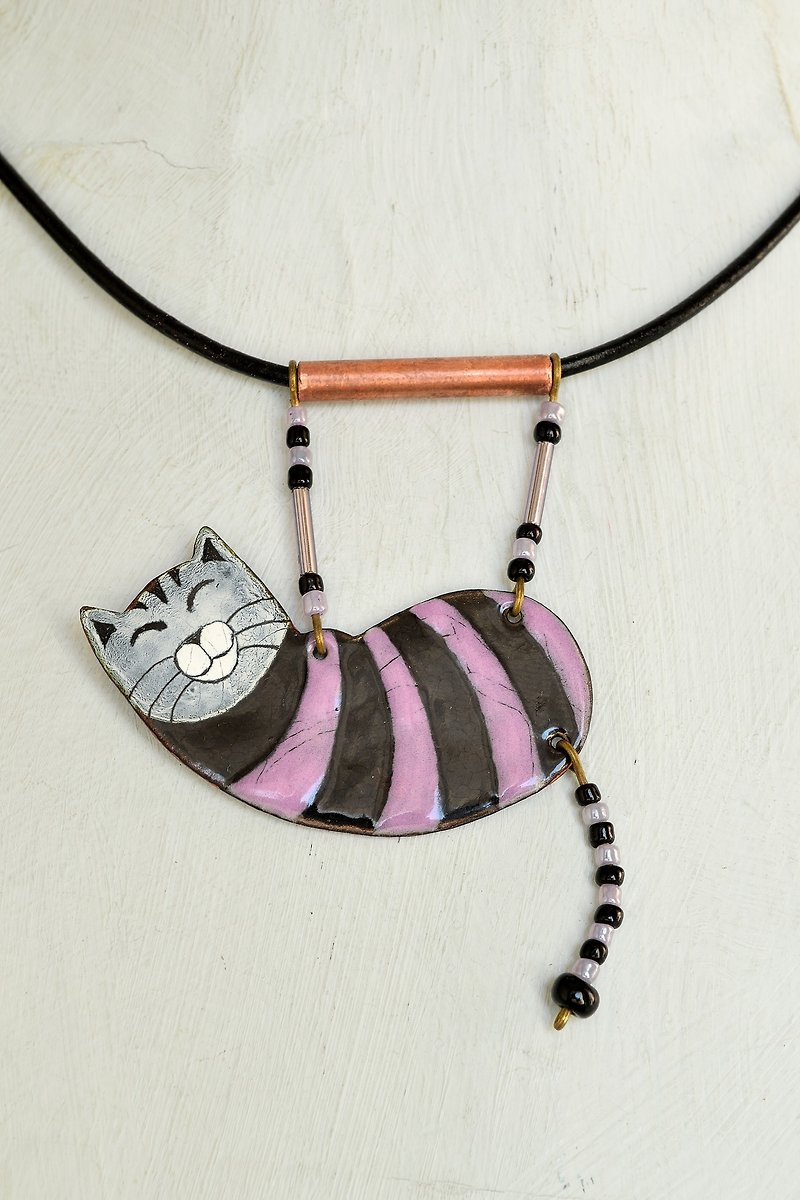 Enamel Cat, Enamel Necklace, Cat Necklace, Black Cat, Black and Purple, Boho Cat - 项链 - 珐琅 紫色