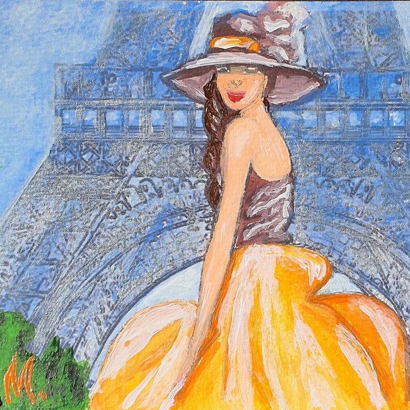 法国绘画艾菲尔铁塔原创艺术女孩人物帽子洋装时尚巴黎 - 海报/装饰画/版画 - 其他材质 多色