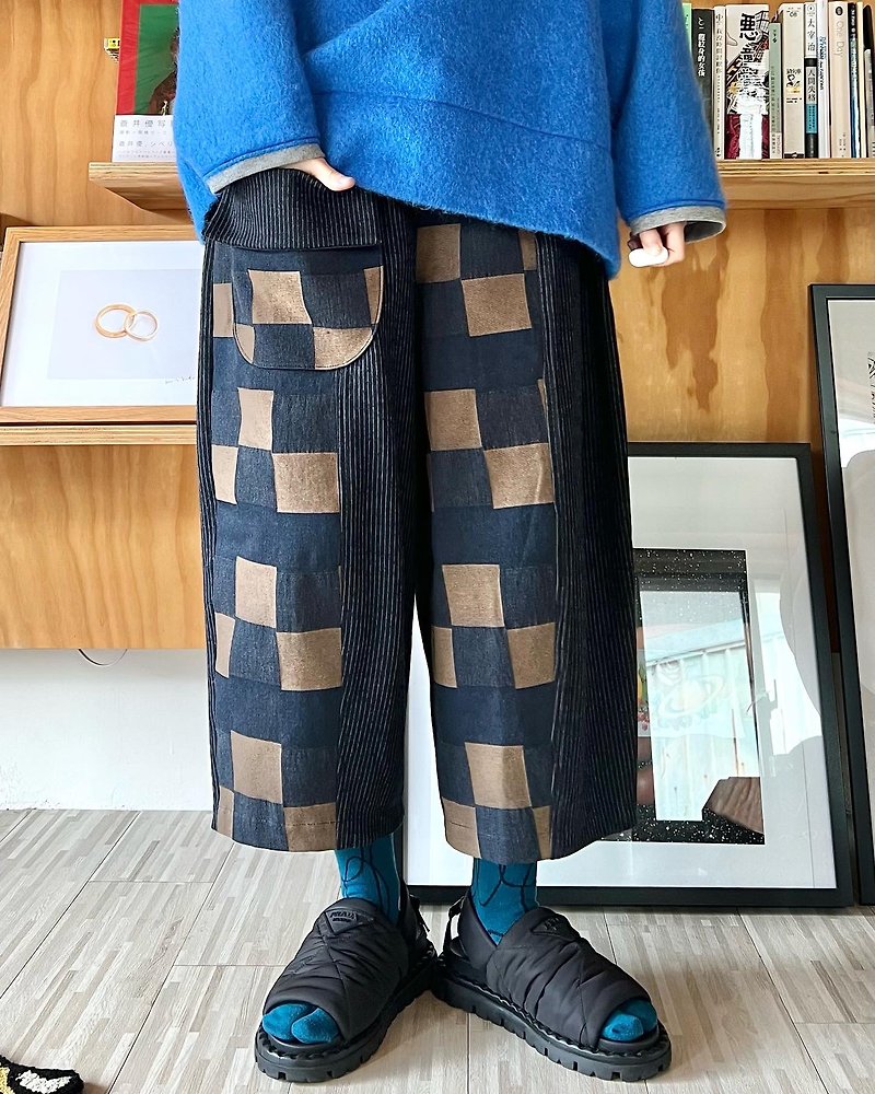 异材质拼接茧形九分裤 - 女装长裤 - 棉．麻 咖啡色