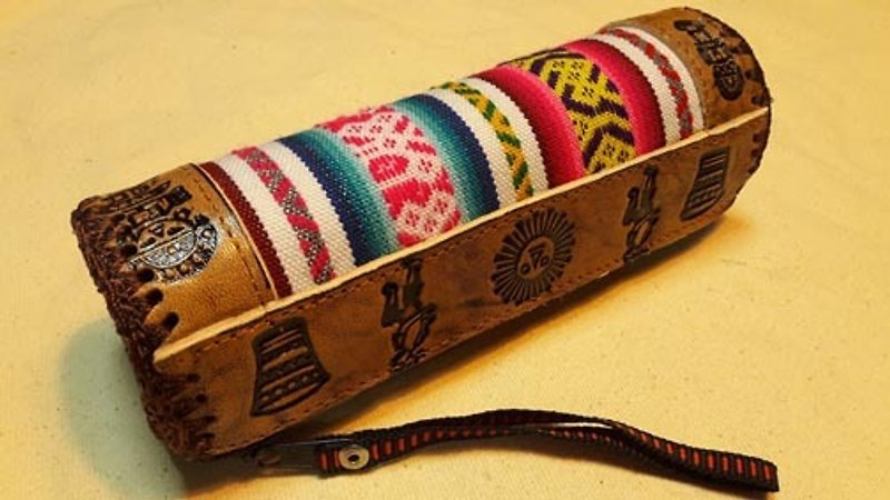 秘鲁织布手感拼接 硬铅笔盒-真皮烙印图腾-白条 - 铅笔盒/笔袋 - 真皮 多色