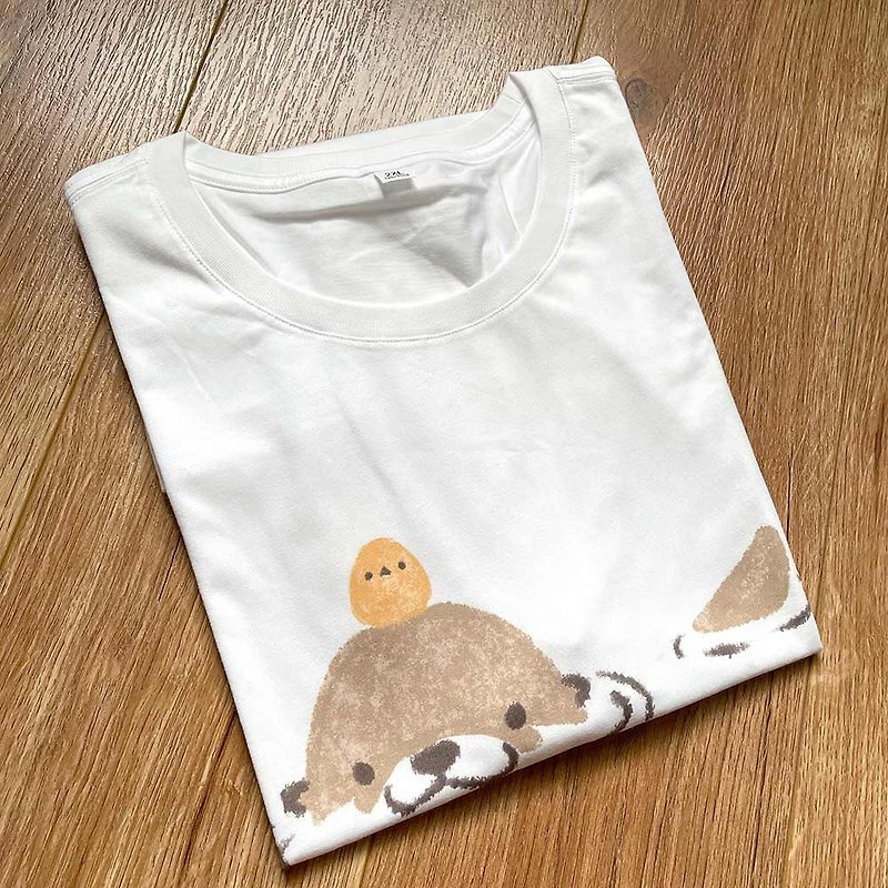 可爱水獭和小鸟短袖T恤TEE - 中性连帽卫衣/T 恤 - 棉．麻 白色