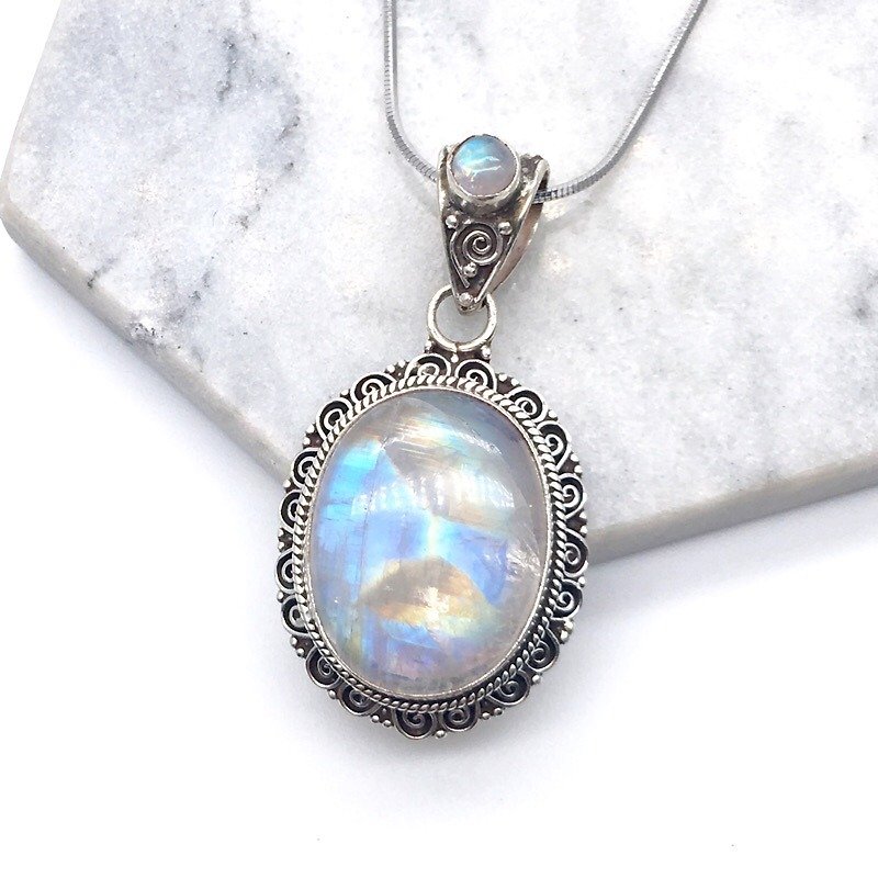 月光石925纯银双宝石设计花边项链 尼泊尔手工镶嵌制作(款式1) - 项链 - 宝石 蓝色