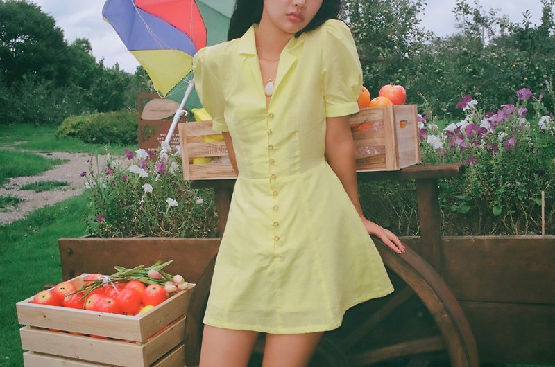 Aprilpoolday / SUNNY DRESS / Jasmine / M - 洋装/连衣裙 - 棉．麻 黄色