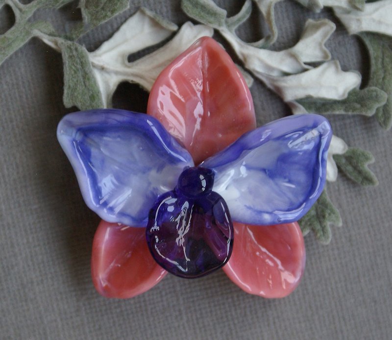 Artisan lampwork orchid bead, handmade focal glass pink with purple flower bead - 陶艺 - 玻璃 紫色