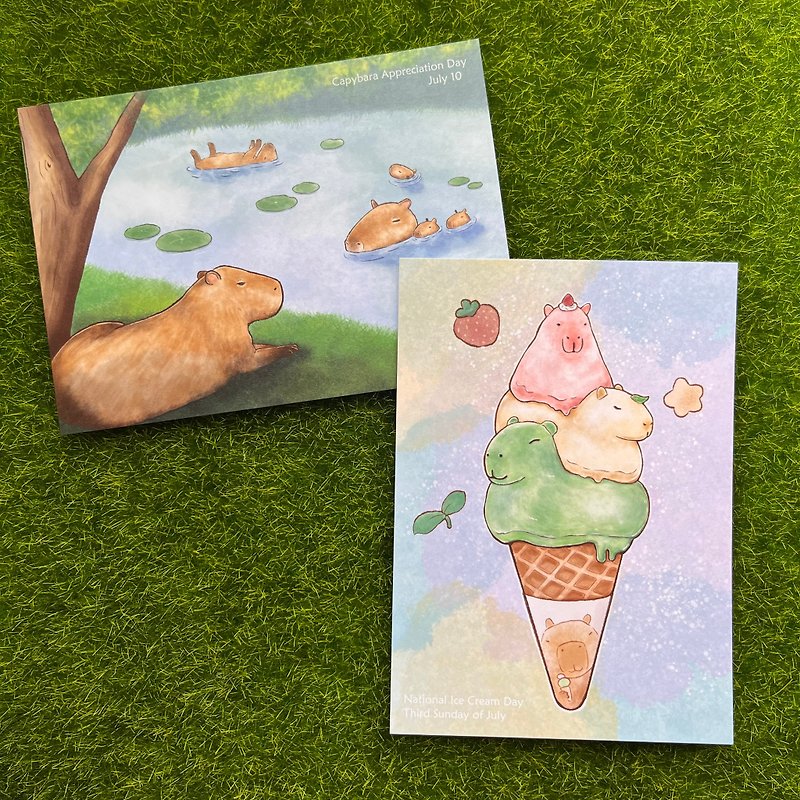 【Hello I'm Gene (静)】水豚感谢日/国际冰淇淋日 (2入组) - 卡片/明信片 - 纸 绿色