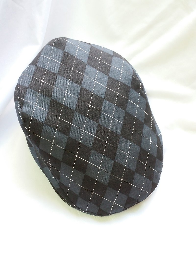 黑灰菱格纹狩猎帽(Flat Cap) - 帽子 - 棉．麻 黑色