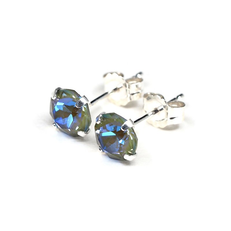 Sparkly Army Green Swarovski Crystal Earrings, Sterling Silver, 6mm Round, 女士耳環 - 耳环/耳夹 - 纯银 绿色